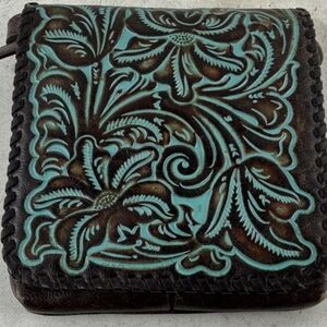 The Patricia Nash Granada Bag Tooled Leather Turquoise & Brown Crossbody EUC